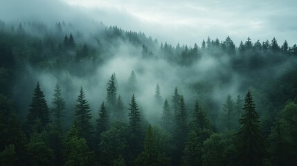 The scene captures the dense, lush green trees shrouded in a mystical layer of fog