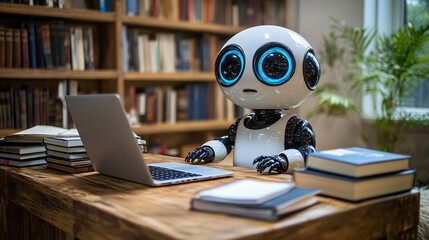 Robot is learning at  desk with laptop