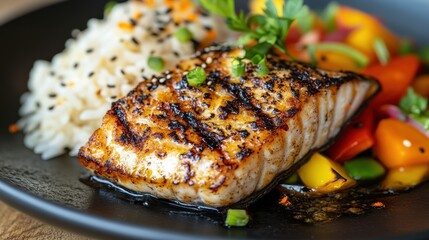 Close up of grilled fish with rice and vibrant vegetables