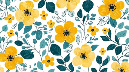 A Vibrant Yellow Floral Pattern with Lush Green Leaves Emphasizing Natural Beauty