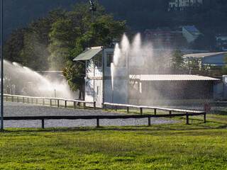 Sprinklers spraying fresh water to help grow sod at large industrial farm