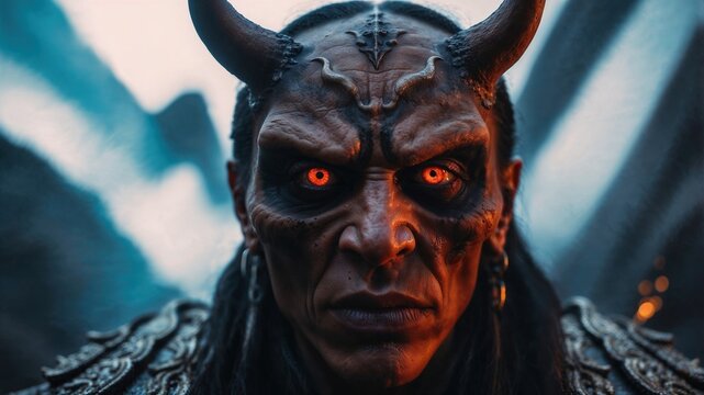 Close-up of demonic character in dark environment concept:demon, character, face, dark, terror, red eyes, - Powered by Adobe