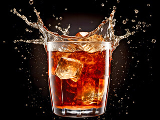 Close Up Photography of Dynamic Vibrant Red Soda Juice Splashing in Glass for a Refreshing Look Fresh Burst of Flavor. Glass with Cola and Ice Cube on Dark Square Background