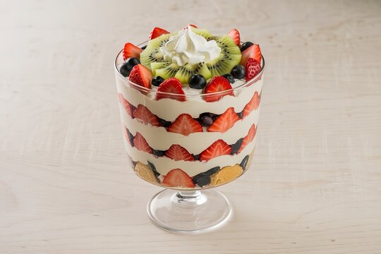 A clear glass bowl filled with a beautifully layered trifle dessert
