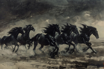 Photograph of a herd or band consisting of black horses galloping across the dust in the foreground