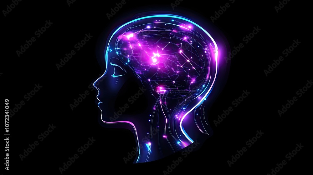 Poster high-tech profile of an ai-enhanced human head, with neon neural networks and digital circuit detail