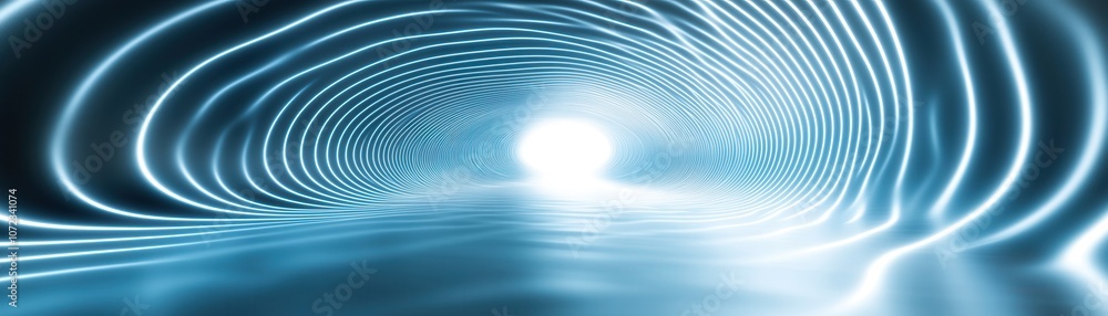 Poster a mesmerizing blue tunnel illuminated by light, creating a futuristic atmosphere and deep sense of e