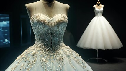 A white wedding gown with intricate embroidery and beading is displayed on a mannequin in a museum exhibit