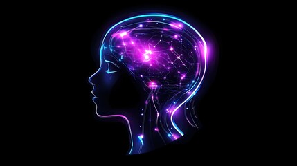 Obraz premium High-tech profile of an AI-enhanced human head, with neon neural networks and digital circuit details symbolizing artificial intelligence.