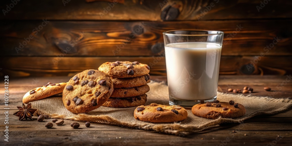 Aufkleber a stack of soft chocolate chip cookies resting on a burlap placemat beside a glass of milk on a rust
