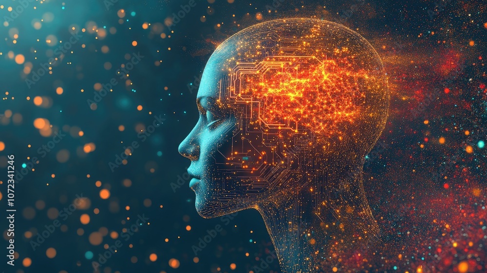Poster high-tech profile of an ai-enhanced human head, with neon neural networks and digital circuit detail