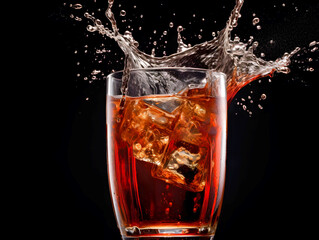Close Up Photography of Dynamic Vibrant Red Soda Juice Splashing in Glass for a Refreshing Look Fresh Burst of Flavor. Glass with Cola and Ice Cube on Dark Square Background
