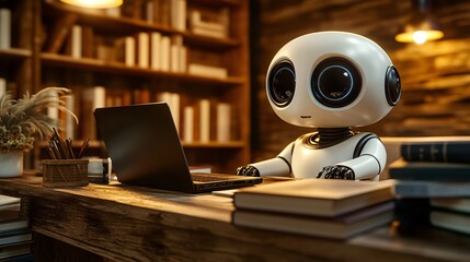 Cute white robot character working on laptop	