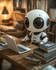 Cute white robot character working on laptop	