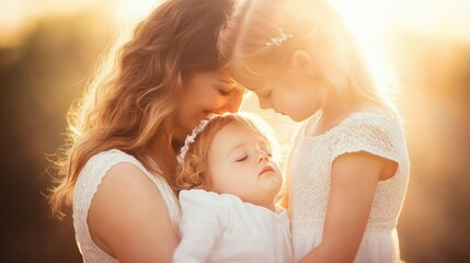 mother and daughters enjoying tender moment in warm sunlight