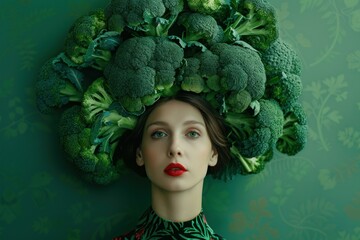 Model wearing a crown made of broccoli florets, symbolizing healthy eating and vegetarian lifestyle