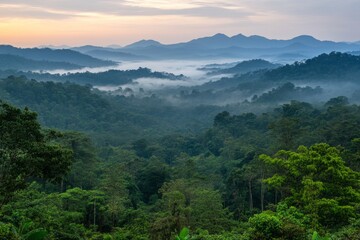 Obraz premium Early Morning Fog Over Distant Mountain Peaks