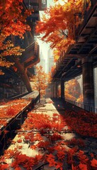 Stunning autumn landscape in a dystopian city  nature s resilience amid urban decay