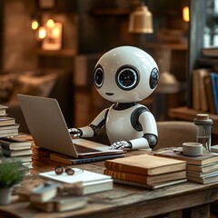 Cute white robot character working on laptop	