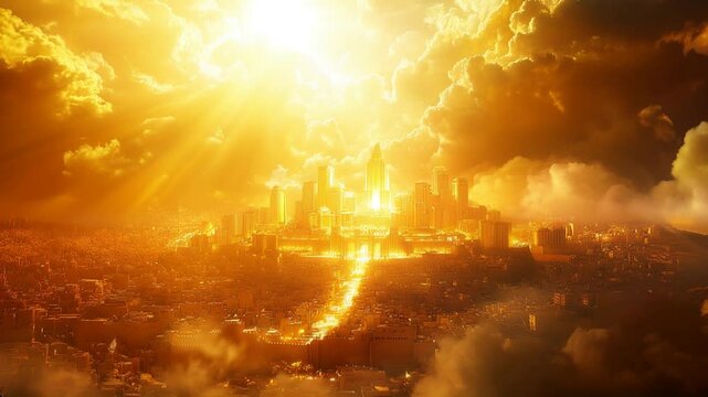 From the heavens descends the New Jerusalem made of gold, descend of God according to Bible. God calls His people to gather, as the divine city touches the earth.	