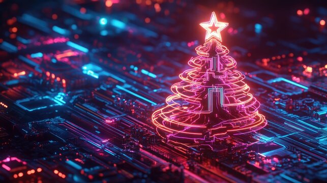 Neon digital Christmas tree with a glowing star on top, set against a circuit board background, blending holiday spirit with futuristic tech.