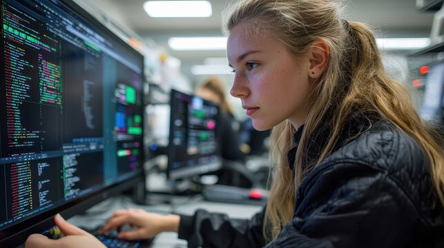 Woman coding algorithms on a touchscreen board, modern lab with advanced tools; innovative setup, high-level coding, intense focus; representing women in computational science and innovation 