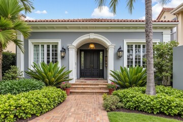 Fototapeta premium Mediterranean-style house with lush greenery and arched entryway in suburban setting.