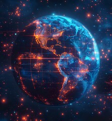 Obraz premium A glowing digital representation of Earth with highlighted continents and data streams in blue and orange hues, symbolizing global technology and connectivity. Ideal for tech and innovation themes.