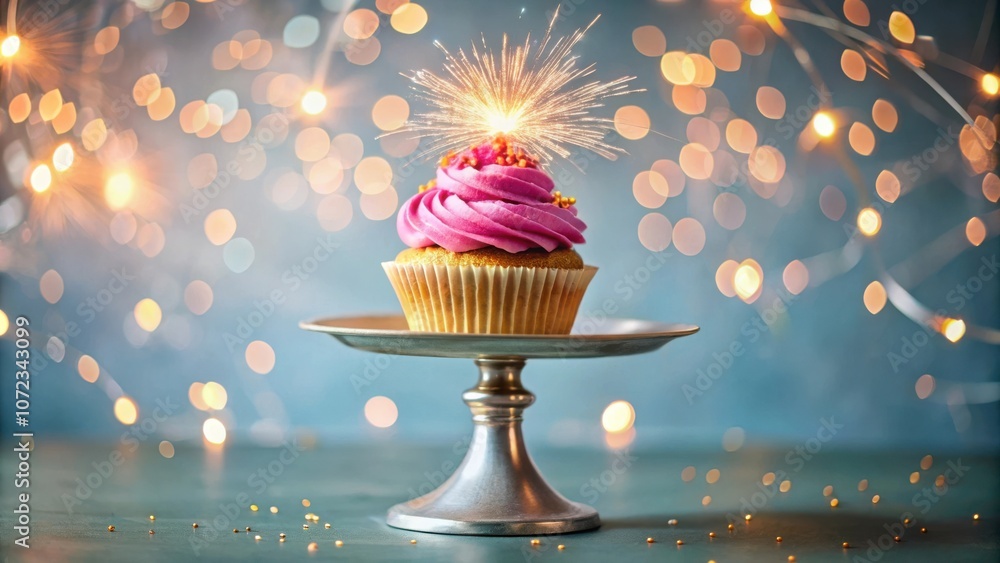 Poster a single pink cupcake with a sparkling firework on top, displayed on a silver cake stand against a b