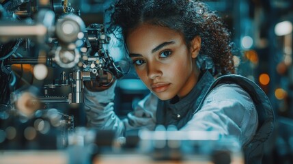 Woman configuring automated manufacturing tools in a robotics lab, adjusting precise settings; industrial robotics, machinery, hands-on expertise; skilled women in automated production and robotics 
