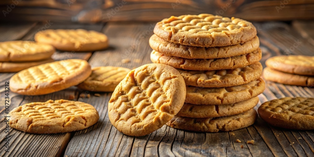 Poster A stack of peanut butter cookies on a rustic wooden surface, creating a warm and inviting scene for a sweet treat.