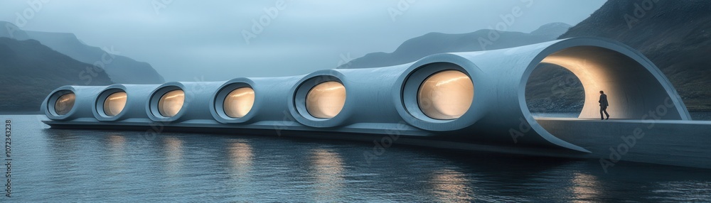 Poster a modern architectural structure by the water, featuring unique circular windows and a tranquil atmo