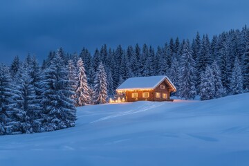 Illuminated Cabin Nestled in a Snowy Forest at Dusk