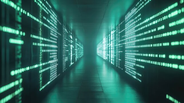 Perspective view of a digital tunnel lined with glowing green binary code patterns, representing data flow and cyberspace.