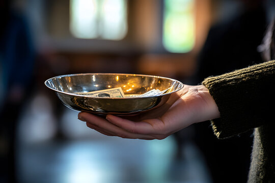 A close-up of a person holding a metal offering plate with a dollar bill, symbolizing charity, donation, or giving in a religious or community setting