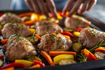 Seasoned baked chicken thighs with vegetables and rosemary on a baking tray, a cozy and flavorful dish for a hearty meal