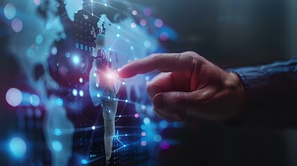 Fototapeta premium A hand pointing at a glowing digital map with blue and red illuminated nodes and connections. Perfect for themes of global technology, connectivity, and innovation.