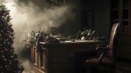a creepy Christmas office setup in a shadowy workspace, featuring an antique-looking desk draped in dusty, with broken glass ornaments scattered around