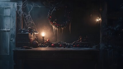 a dark room with a table and a candle on it and a wreath hanging from the ceiling