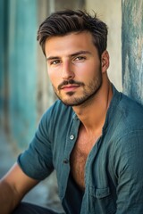 Obraz premium Handsome young man with beard and stylish haircut posing against textured wall