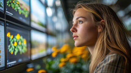 Woman exploring renewable energy software, testing solar power optimization on screens; environmental tech, high-tech office, sustainable solutions; women in clean energy and software development 