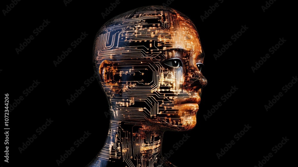 Poster side profile of an ai human with neural networks and circuits glowing along the contours, capturing 