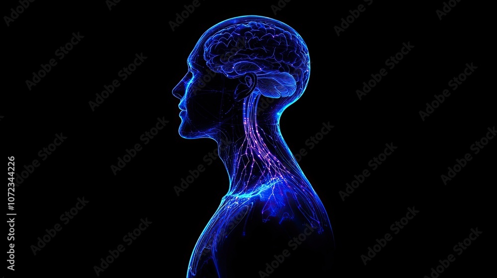 Poster side profile of an ai human with neural networks and circuits glowing along the contours, capturing 