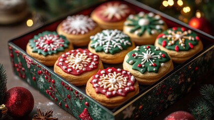 Christmas bakery treats displayed in a vibrant biscuit box adorned with festive decorations, perfect for holiday celebrations