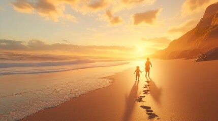 Dog and Child Walking Along the Beach at Sunset