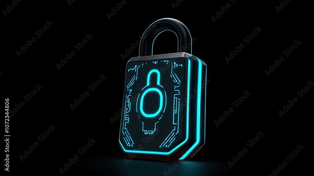 Poster vertical digital padlock glowing against a dark background with computer code and neon accents, symb