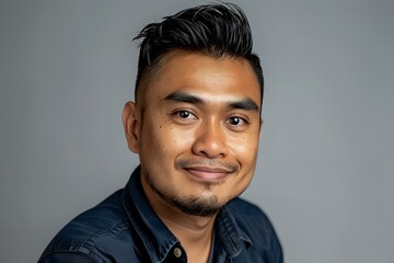 Fototapeta premium Portrait of a smiling man with styled hair and a confident expression, set against a neutral gray background. Perfect for themes of professionalism, confidence, and approachability.