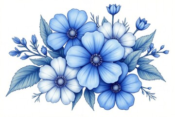 Vibrant blue floral arrangement with leaves and buds in watercolor style.