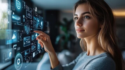 Woman managing smart home technology controls in a contemporary living room; connected devices, touchscreen interface, sleek setup; modern lifestyles, showcasing women in home automation 
