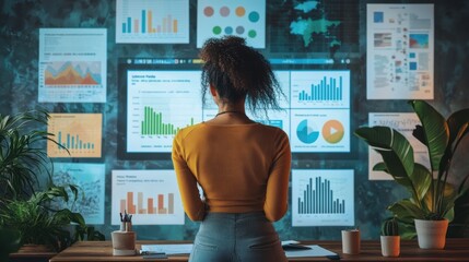Woman presenting social media analytics in an open-plan workspace, displaying growth metrics; digital marketing strategies, creative brainstorming; women in social tech and media analysis 